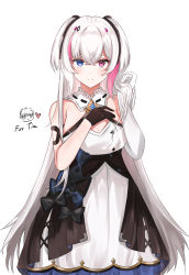 Rule 34 | 1girl, artist self-insert, asymmetrical gloves, black bow, black gloves, blue bow, blue eyes, blush, bow, breasts, chibi, detached collar, dress, elbow gloves, eyebrows hidden by hair, gloves, heart, hecatia (vtuber), heterochromia, highres, humany, indie virtual youtuber, long hair, looking at viewer, medium breasts, mismatched gloves, mole, mole under eye, multicolored hair, pink eyes, pink hair, single elbow glove, smile, solo, streaked hair, two side up, very long hair, virtual youtuber, white background, white dress, white gloves, white hair
