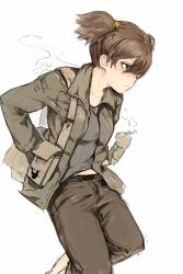 Rule 34 | 10s, 1girl, absurdres, alisa (girls und panzer), american spirit, brown eyes, brown hair, brown jacket, capri pants, casual, cigarette, freckles, girls und panzer, gloves, grey shirt, hair ornament, hand on own hip, highres, hiranko, jacket, matching hair/eyes, midriff, pants, pouch, shirt, short hair, short twintails, simple background, sketch, smoke, solo, star (symbol), star hair ornament, twintails, white background