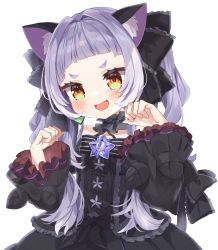 Rule 34 | 1girl, :d, absurdres, animal ear fluff, animal ears, bad id, bad pixiv id, black dress, black ribbon, blush, cat ears, commentary request, dress, fang, frilled dress, frilled ribbon, frilled sleeves, frills, hair ribbon, halterneck, highres, hololive, long hair, long sleeves, looking at viewer, murasaki shion, murasaki shion (gothic lolita), noi mine, open mouth, paw pose, ribbon, short eyebrows, silver hair, simple background, skin fang, smile, solo, thick eyebrows, twintails, upper body, v-shaped eyebrows, virtual youtuber, white background, wide sleeves, yellow eyes