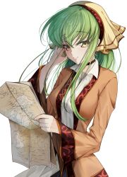 Rule 34 | 1girl, alternate costume, black choker, blush, breasts, brown jacket, budgiepon, c.c., casual, choker, closed mouth, code geass, commentary request, crossed bangs, dress, dress shirt, eyes visible through hair, floating hair, geass, green hair, hair between eyes, hand in own hair, hand up, head scarf, highres, holding, holding map, jacket, lips, long hair, long sleeves, looking at viewer, map, medium breasts, shirt, sidelocks, simple background, smile, solo, standing, straight hair, sunlight, upper body, very long hair, white background, white dress, wide shot, wide sleeves, yellow eyes