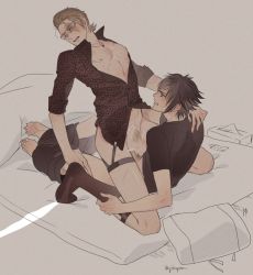 Rule 34 | 10s, anal, artist request, bed, blush, bottomless, clenched teeth, condom, final fantasy, final fantasy xv, glasses, ignis scientia, male focus, male penetrated, multiple boys, noctis lucis caelum, scar, sex, straddling, sweat, teeth, tissue, yaoi