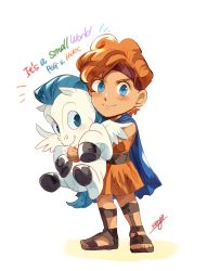 Rule 34 | 1boy, airagency1005, belt, blue cape, blue eyes, blush, brown hair, cape, carrying, chibi, closed mouth, disney, full body, headband, hercules (disney), hercules (disney) (character), highres, holding, pegasus, pegasus (disney), sandals, signature, simple background, smile, standing, white background