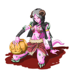 Rule 34 | 1girl, akogi, arc the lad, arc the lad twilight of the spirits, arm support, black hair, breasts, cleavage, colored skin, delma (arc the lad), halloween, horns, jack-o&#039;-lantern, kneeling, long hair, lowres, midriff, omone ko (a kogi), pink skin, pumpkin, red eyes, sitting, solo, tail, wristband