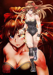 Rule 34 | 1girl, absurdres, black background, black leotard, boots, bow, breasts, brown hair, collarbone, covered navel, cross-laced footwear, daikokuya yenjaku, electricity, full body, gradient background, hair bow, highres, knee pads, lace-up boots, leotard, lips, logo, long hair, looking at viewer, medium breasts, ponytail, purple eyes, red background, red bow, solo, thunder ryuko, wrestle angels, wrestle angels survivor, wrestler, wrestling outfit