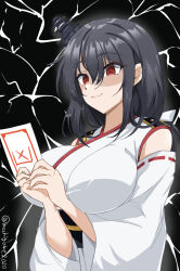 Rule 34 | 1girl, black hair, breasts, chamumi (mochiumee), detached sleeves, empty eyes, epaulettes, hair ornament, highres, holding, holding paper, japanese clothes, kantai collection, large breasts, lightning, medium hair, nontraditional miko, omikuji, paper, red eyes, shaded face, solo, translation request, twitter username, upper body, wide sleeves, yamashiro (kancolle)