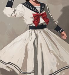 Rule 34 | 1girl, absurdres, black hair, black sailor collar, bow, bowtie, commentary, english commentary, grey background, haru (ririne9999rine), head out of frame, highres, long skirt, long sleeves, looking at viewer, original, red bow, red bowtie, sailor collar, school uniform, serafuku, simple background, skirt, solo, white skirt