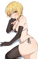 Rule 34 | 1girl, :p, absurdres, ass, bare shoulders, bikini, black bikini, black choker, black gloves, black thighhighs, blonde hair, blush, breasts, choker, cleavage, commentary request, elbow gloves, gloves, green eyes, highres, idolmaster, idolmaster cinderella girls, looking at viewer, lying, medium breasts, micro bikini, miyamoto frederica, on side, seihekiog, short hair, side-tie bikini bottom, sideboob, simple background, smile, solo, swimsuit, thighhighs, thighs, tongue, tongue out, underboob, white background