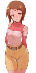 Rule 34 | 1girl, arms behind back, bare shoulders, belt, bike shorts, blush, breasts, brown eyes, brown hair, commentary request, detached sleeves, digimon, digimon adventure 02, hair ornament, hairclip, looking at viewer, shirt, short hair, simple background, sleeveless, sleeveless shirt, small breasts, smile, solo, ter (otokoter), thigh gap, white background, yagami hikari