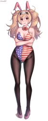 Rule 34 | 1girl, absurdres, american flag, animal ears, bad id, bad pixiv id, blonde hair, blue eyes, bow, bowtie, breasts, brown pantyhose, cleavage, detached collar, fake animal ears, gambier bay (kancolle), hair between eyes, high heels, highres, kagi f, kantai collection, large breasts, leotard, long hair, millipen (medium), nib pen (medium), open mouth, pantyhose, playboy bunny, rabbit ears, solo, strapless, strapless leotard, tears, traditional media, twintails, twitter username, wrist cuffs