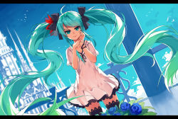 Rule 34 | 1girl, ahoge, aqua eyes, aqua hair, baisi shaonian, blue rose, bracelet, dress, dutch angle, floating hair, flower, hatsune miku, highres, jewelry, letterboxed, long hair, rose, smile, solo, thighhighs, twintails, very long hair, vocaloid, world is mine (vocaloid)