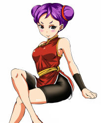 Rule 34 | 1girl, armpits, bare shoulders, bike shorts, black eyes, blush, bracer, character request, china dress, chinese clothes, crossed legs, double bun, dress, forehead, hair bun, looking at viewer, moeyo! kung-fu taisen, purple hair, simple background, sitting, solo, suta furachina, white background
