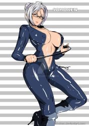 Rule 34 | 1girl, blue bodysuit, bodysuit, boots, breasts, brown eyes, cleavage, covered erect nipples, female focus, glasses, grey hair, hair bun, high heel boots, high heels, highres, large breasts, lips, navel, pink lips, prison school, riding crop, shiny clothes, shiny skin, shiraki meiko, short hair, single hair bun, sohoken, solo, thick thighs, thighs, whip
