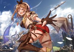 Rule 34 | 1girl, :d, ass, atelier ryza, atelier ryza 3, belt, black hairband, blue sky, braid, breasts, brown belt, brown eyes, brown gloves, brown hair, brown thighhighs, brown vest, cloud, earrings, from side, gloves, hairband, high heels, highres, holding, holding staff, holster, jacket, jewelry, large breasts, looking at viewer, necklace, open clothes, open jacket, open mouth, outdoors, outstretched arm, partially fingerless gloves, red shorts, reisalin stout, reon (dainagon azuki), ruins, short hair, short shorts, shorts, sideboob, single earring, single glove, sky, smile, solo, staff, thigh holster, thigh strap, thighhighs, thighs, vest, white headwear