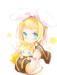 Rule 34 | 1girl, akino coto, arm warmers, bare shoulders, black collar, black sleeves, blonde hair, blue eyes, bow, character doll, collar, commentary, crop top, hair bow, hair ornament, hairclip, highres, kagamine len, kagamine rin, light smile, neckerchief, necktie, hugging object, sailor collar, school uniform, shirt, short hair, shoulder tattoo, sleeveless, sleeveless shirt, solo, spiked hair, star (symbol), star in eye, swept bangs, symbol-only commentary, symbol in eye, tattoo, vocaloid, w, white bow, white shirt, yellow neckerchief