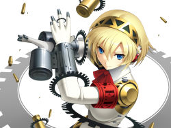 Rule 34 | 1girl, aegis (persona), android, armband, atlus, blonde hair, blue eyes, casing ejection, cygnus (cygnus7), drum magazine, magazine (weapon), persona, persona 3, revision, shell casing, short hair, smile, solo