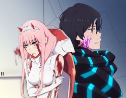 Rule 34 | 10s, 1boy, 1girl, bad hands, black bodysuit, black hair, blood, blood from mouth, blood on face, blue eyes, blue horns, bodysuit, breasts, closed eyes, commentary, couple, darling in the franxx, fringe trim, gloves, green eyes, hair ornament, hairband, hand on own arm, hetero, highres, hiro (darling in the franxx), horns, k 016002, long hair, medium breasts, oni horns, pilot suit, pink hair, poorly drawn, red horns, scar, scar on face, short hair, spoilers, torn bodysuit, torn clothes, white bodysuit, white gloves, white hairband, zero two (darling in the franxx)