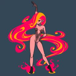 Rule 34 | 1girl, akairiot, arm up, breasts, brenna (akairiot), colored sclera, contrapposto, fiery hair, fire, full body, grey background, hair over one eye, hand on own hip, looking at viewer, medium breasts, navel, original, pointy ears, red eyes, simple background, smile, solo, standing, yellow sclera