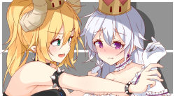 Rule 34 | 2girls, against wall, bad id, bad pixiv id, bare shoulders, black collar, blonde hair, blush, bowsette, bracelet, breasts, choker, closed mouth, collar, collarbone, commentary, dress, earrings, gloves, green eyes, hair between eyes, highres, hikari yui, horns, jewelry, large breasts, long hair, looking at another, looking away, luigi&#039;s mansion, mario (series), multiple girls, new super mario bros. u deluxe, nintendo, open mouth, pointy ears, ponytail, princess king boo, purple eyes, sharp teeth, spiked bracelet, spiked collar, spikes, super crown, teeth, white dress, white gloves, white hair, yuri