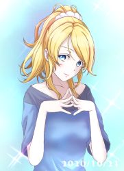 Rule 34 | 1girl, 2020, ayase eli, blonde hair, blue background, blue eyes, blue shirt, cowboy shot, dated, fingers together, looking at viewer, love live!, love live! school idol festival, love live! school idol project, niizuma 444, ponytail, scrunchie, shirt, solo, white scrunchie