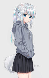 Rule 34 | 1girl, animal ear fluff, animal ears, bad id, bad pixiv id, black skirt, blue eyes, blue hair, candy, closed mouth, commentary request, drawstring, food, food in mouth, grey background, grey hoodie, hair ornament, hairclip, hands in pockets, hood, hood down, hoodie, lollipop, long hair, long sleeves, looking at viewer, mouth hold, multicolored hair, original, pleated skirt, ponytail, silver hair, simple background, skirt, solo, streaked hair, tail, twitter username, x hair ornament, yumoran