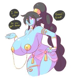 Rule 34 | 1girl, black hair, blue skin, braid, breasts, cleavage, colored skin, gigantic breasts, jewelry, long hair, parted lips, pasties, red eyes, smile, solo, theycallhimcake, very long hair, wide hips