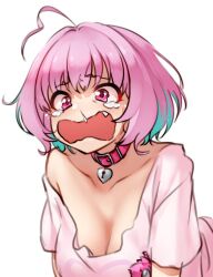 Rule 34 | 1girl, ahoge, animal collar, aqua hair, bob cut, breasts, cleavage, collar, collarbone, crying, crying with eyes open, fang, highres, idolmaster, idolmaster cinderella girls, kakaobataa, large breasts, leaning forward, looking ahead, loose clothes, loose shirt, multicolored hair, open mouth, pink eyes, pink hair, shirt, simple background, single bare shoulder, snot, solo, tears, two-tone hair, wavy eyes, white background, yumemi riamu