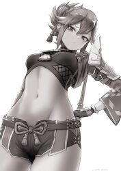 Rule 34 | 1girl, armor, breasts, crop top, cropped jacket, genshin impact, gloves, greyscale, hair between eyes, high ponytail, highres, jacket, japanese armor, kuki shinobu, long hair, long sleeves, looking at viewer, midriff, monochrome, navel, nosuku, open clothes, open jacket, partially fingerless gloves, rope, short shorts, shorts, sidelocks, small breasts, solo, thighs