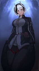Rule 34 | 1girl, absurdres, black cape, black eyes, black gloves, black hair, black pants, black shirt, breasts, cape, chain, collared cloak, cowboy shot, expressionless, gloves, hair between eyes, highres, jitome, large breasts, long sleeves, made in abyss, multicolored hair, ozen, pants, parted lips, pouch, shirt, solo, soolee040995, two-tone hair, whistle, whistle around neck, white hair