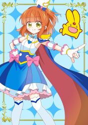 Rule 34 | 1girl, arle nadja, blue cape, blunt bangs, brooch, cape, carbuncle (puyopuyo), commentary, cosplay, cure sky, cure sky (cosplay), detached sleeves, fingerless gloves, gloves, green eyes, half updo, highres, hirogaru sky! precure, jewelry, madou monogatari, magical girl, medium hair, miyakomu, orange hair, precure, puffy detached sleeves, puffy sleeves, puyopuyo, smile, solo, two-sided cape, two-sided fabric, wing brooch, wing hair ornament
