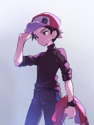 Rule 34 | 1boy, badge, baseball cap, bracelet, brown eyes, brown hair, coat, commentary request, creatures (company), from below, game freak, gradient background, grey background, hand on headwear, hat, highres, holding, holding clothes, holding coat, jewelry, kashiwa (kasshiwa10), male focus, nintendo, pants, parted lips, pokemon, pokemon masters ex, red (pokemon), red (sygna suit) (pokemon), red coat, red hat, short hair, signature, solo, sweat, unworn coat