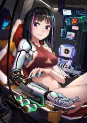 Rule 34 | 1girl, absurdres, black hair, cable, chair, cyborg, highres, huge filesize, indoors, maintenance, medium hair, monitor, mr.lime, multicolored hair, original, prosthesis, prosthetic arm, purple eyes, purple hair, revealing clothes, robot, science fiction, screwdriver, sitting, streaked hair