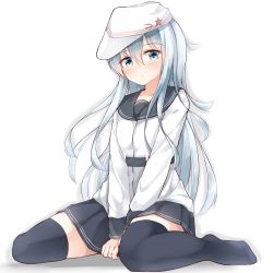 Rule 34 | 10s, 1girl, absurdres, aqua eyes, aqua hair, black skirt, black thighhighs, flat cap, hammer and sickle, hat, hibiki (kancolle), highres, kantai collection, long hair, long sleeves, looking at viewer, moyoron, no shoes, pleated skirt, sailor collar, school uniform, serafuku, simple background, sitting, skirt, solo, thighhighs, v arms, verniy (kancolle), wariza, white background, white hat