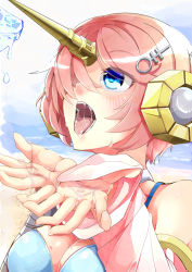 Rule 34 | 1girl, amino dopple, bad id, bad pixiv id, bandaged arm, bandages, bikini, blue bikini, blue eyes, blush, breasts, cupping hands, detached sleeves, fate/grand order, fate (series), food, frankenstein&#039;s monster (fate), frankenstein&#039;s monster (swimsuit saber) (fate), frankenstein&#039;s monster (swimsuit saber) (second ascension) (fate), hair over one eye, horns, medium breasts, ocean, open mouth, out of frame, own hands together, pink hair, popsicle, saliva, sexually suggestive, short hair, single horn, solo, swimsuit, teeth, upper body