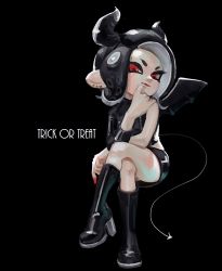 Rule 34 | 1girl, black background, black footwear, black hair, black skirt, black wings, boots, crossed legs, demon tail, earrings, full body, halloween, high heel boots, high heels, horns, jewelry, long sleeves, lowres, miniskirt, nintendo, octoling, octoling girl, octoling player character, oimo (oimkimn), open mouth, red eyes, simple background, single sleeve, sitting, skirt, sleeveless, solo, splatoon (series), splatoon 2, splatoon 2: octo expansion, suction cups, tail, tentacle hair, trick or treat, wings