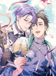 Rule 34 | 2boys, alcohol, bishounen, black gloves, brown eyes, brown hair, champagne, champagne flute, cup, drinking glass, earrings, gem, gloves, heterochromia, highres, holding, holding cup, hug, hug from behind, jewelry, komekashi kani, kuya (nu carnival), long sleeves, looking at another, male focus, mole, mole under eye, multiple boys, nu carnival, petals, purple eyes, purple hair, red ribbon, ribbon, rose petals, short hair, smile, yaoi, yellow eyes