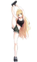 Rule 34 | 1girl, :d, ahoge, armpits, arms up, bare arms, bare legs, black footwear, black tank top, blonde hair, braid, breasts, commentary, crown braid, full body, green eyes, green shorts, highres, holding own foot, indie virtual youtuber, kneepits, large breasts, leg up, long hair, looking at viewer, midriff, miyadi (youtuber), navel, open mouth, original, rb2, shoelaces, shoes, short shorts, shorts, simple background, smile, solo, split, standing, standing on one leg, standing split, tank top, very long hair, virtual youtuber, white background