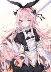Rule 34 | 1boy, astolfo (fate), astolfo (saber) (fate), astolfo (saber) (third ascension) (fate), black bow, black gloves, black ribbon, blush, bow, bowtie, commentary request, fang, fate/grand order, fate (series), gloves, hair bow, hair intakes, hair ribbon, highres, holding, long hair, long sleeves, looking at viewer, male focus, multicolored hair, pink hair, purple eyes, ribbon, skin fang, smile, solo, streaked hair, trap, twintails, verslll, white hair