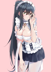 Rule 34 | 1girl, absurdres, azur lane, bespectacled, black hair, breasts, choker, cleavage, frilled choker, frills, glasses, green eyes, hair between eyes, highres, indomitable (azur lane), indomitable (ms. motivationless maid) (azur lane), large breasts, leaning forward, long hair, looking at viewer, maid, maid headdress, official alternate costume, pantyhose, pink background, simple background, skindentation, solo, toto tony, very long hair, white pantyhose