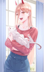 Rule 34 | 1girl, :d, animal, blonde hair, bra strap, cat, chainsaw man, cross-shaped pupils, day, denim, hair between eyes, highres, holding, holding animal, holding cat, horns, indoors, jeans, kfr, long hair, long sleeves, looking at viewer, meowy (chainsaw man), open mouth, pants, power (chainsaw man), red shirt, shirt, smile, solo, symbol-shaped pupils, window