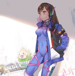 Rule 34 | 1girl, acronym, against wall, animal print, blue bodysuit, bodysuit, breasts, brown eyes, brown hair, blowing bubbles, chewing gum, clothes writing, covered navel, cowboy shot, d.va (overwatch), facepaint, facial mark, gloves, hand in pocket, headphones, high collar, highres, jacket, lino chang, long hair, long sleeves, medium breasts, overwatch, overwatch 1, pachimari, pilot suit, pink lips, rabbit print, ribbed bodysuit, skin tight, solo, standing, stuffed animal, stuffed octopus, stuffed toy, swept bangs, whisker markings, white gloves