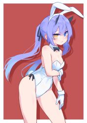 Rule 34 | 1girl, animal ears, bare legs, bare shoulders, black bow, black bowtie, blue eyes, blue hair, bow, bowtie, breasts, detached collar, gloves, heterochromia, highres, leaning forward, leotard, long hair, original, paskmel, playboy bunny, rabbit ears, rabbit tail, small breasts, solo, strapless, strapless leotard, tail, twintails, white gloves, white leotard, wrist cuffs, yellow eyes