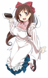 Rule 34 | 10s, 1girl, apron, blush, breasts, brown hair, food, holding, holding food, kantai collection, kappougi, long hair, mamiya (kancolle), medium breasts, open mouth, purple eyes, retsumaru, sandals, simple background, solo, tabi, wagashi, white background