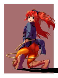 Rule 34 | 1girl, ass, blush, boots, chakram, clothes lift, dewprism, dress, embarrassed, from behind, hair ornament, iwatozaki mamoru, kneeling, long hair, looking back, looking down, mint (dewprism), open mouth, pantyhose, red eyes, red hair, shadow, simple background, skirt, skirt lift, solo, twintails, weapon