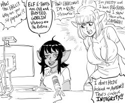 Rule 34 | 2girls, ahoge, bad id, bb (baalbuddy), bob cut, breasts, cleavage, commentary, elf, english commentary, english text, female goblin, goblin, greyscale, highres, inactive account, large breasts, microphone, monitor, monochrome, multiple girls, nerdy elf girl (baalbuddy), original, plunging neckline, pointy ears, sharp teeth, short hair, small breasts, speech bubble, teeth, trolling, truth, virtual youtuber, webcam