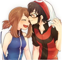 Rule 34 | 1boy, 1girl, :d, bare arms, beanie, blue dress, blush, brendan (pokemon), brown hair, closed mouth, collared dress, commentary request, creatures (company), dress, eyelashes, closed eyes, fangs, game freak, glasses, hair tie, hand up, hat, may (pokemon), nintendo, open mouth, pokemon, pokemon adventures, popped collar, shirou (shiro uzr), shirt, short ponytail, short sleeves, sleeveless, sleeveless dress, smile, tongue, white headwear