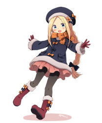Rule 34 | 1girl, :d, abigail williams (fate), alternate hairstyle, beret, black bow, black hat, black jacket, black pantyhose, blonde hair, blue eyes, blush, boots, bow, braid, colored shadow, fate/grand order, fate (series), forehead, full body, fur-trimmed boots, fur-trimmed sleeves, fur trim, gloves, hair bow, hat, hat bow, jacket, knee boots, long hair, long sleeves, looking at viewer, marimo danshaku, open mouth, orange bow, pantyhose, parted bangs, pink skirt, red footwear, red gloves, shadow, sidelocks, single braid, skirt, smile, solo, twitter username, very long hair, white background