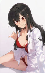 Rule 34 | 1girl, arm support, bikini, bikini under clothes, black hair, blush, breasts, cleavage, closed mouth, commentary request, hair between eyes, highres, kawaii hito, large breasts, long sleeves, looking at viewer, navel, open clothes, open shirt, original, reclining, red bikini, red eyes, shirt, simple background, smile, solo, strap lift, swimsuit, thigh gap, white background, white shirt