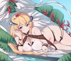 Rule 34 | 1girl, absurdres, adapted costume, arknights, bare shoulders, blonde hair, blue eyes, blue nails, blush, braid, breasts, closed mouth, dior-zi, dragon horns, flower, hand in own hair, highres, horns, jewelry, large breasts, long hair, looking at viewer, lying, nail, official alternate costume, on side, pointy ears, red flower, ring, saileach (arknights), saileach (summer flowers) (arknights), side braid, solo, thigh strap, very long hair, water, wristband