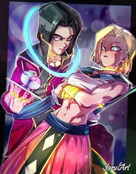 Rule 34 | 1boy, 1girl, :o, abs, alternate costume, android 17, android 18, black hair, blonde hair, blush, bracelet, brother and sister, crossed arms, dragon ball, dragon ball super, food, halo, highres, ice cream, jewelry, navel, ring, sarulart, short hair, siblings, smile, surprised, tray, whis