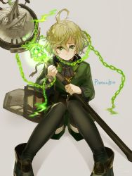 Rule 34 | 1boy, ahoge, ascot, belt, black thighhighs, blonde hair, boots, chain, character name, closed mouth, commentary request, glowing, green eyes, green jacket, grey background, hair between eyes, highres, holding, holding staff, jacket, long sleeves, looking at viewer, magic, male focus, pinocchio (sinoalice), sako (35s 00), simple background, sinoalice, sitting, solo, staff, thighhighs